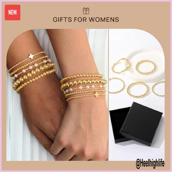 14K Gold Plated Beaded Bracelet Set Stretch Stackable Dainty - Picture 7 of 8